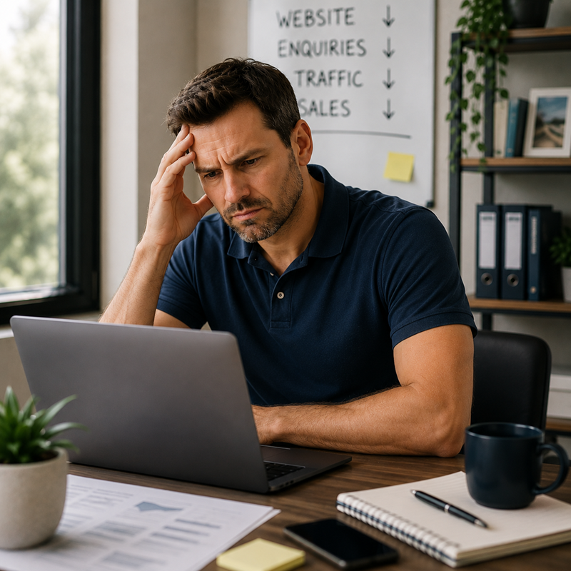 Man in a navy polo at a desk, looking stressed while focusing on a laptop, with a whiteboard about website inquiries and sales in the background.