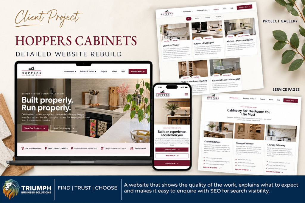 Responsive website design mockup for Hoppers Cabinets